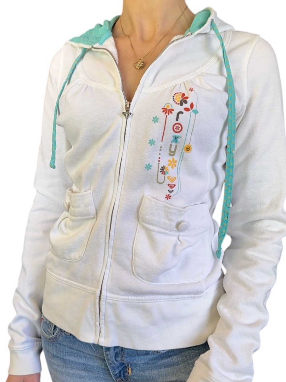 Y2K Roxy Girl Fitted Retro Floral Embroidered Patch Full Zip Hooded Jacket Large